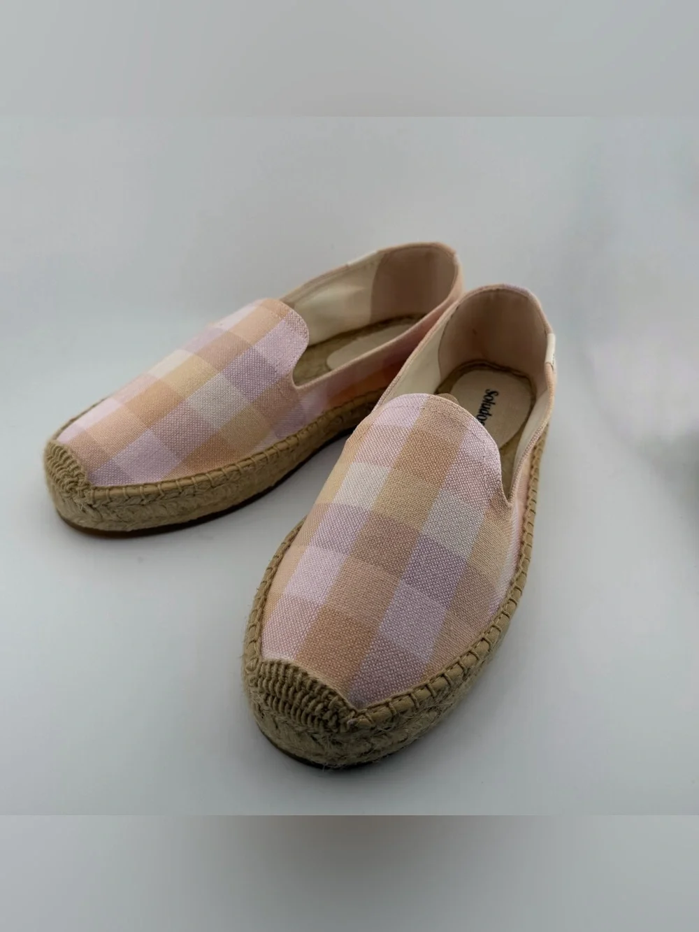 Soludos Pink and Tan Plaid Espadrille Slip-Ons